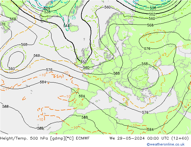 Z500/Rain (+SLP)/Z850 ECMWF mer 29.05.2024 00 UTC