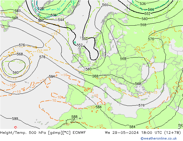 Z500/Rain (+SLP)/Z850 ECMWF We 29.05.2024 18 UTC