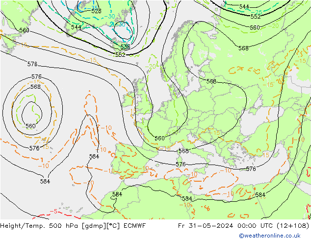 Z500/Rain (+SLP)/Z850 ECMWF ven 31.05.2024 00 UTC