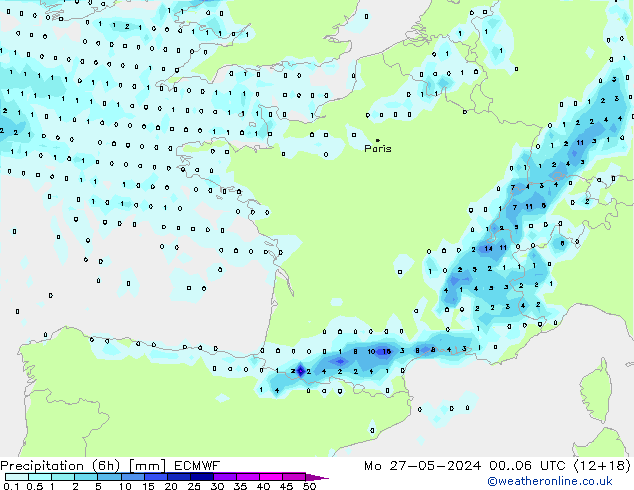 Precipitation (6h) ECMWF Mo 27.05.2024 06 UTC