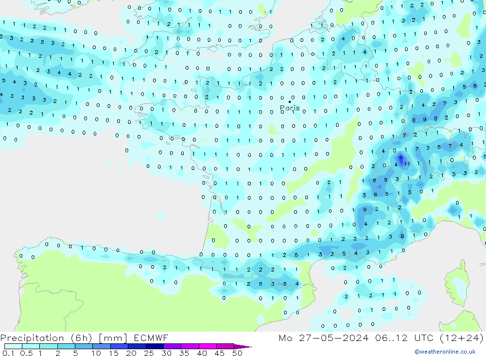 Z500/Rain (+SLP)/Z850 ECMWF pon. 27.05.2024 12 UTC