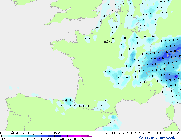 Precipitation (6h) ECMWF So 01.06.2024 06 UTC