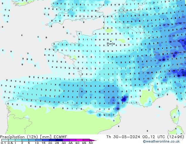 осадки (12h) ECMWF чт 30.05.2024 12 UTC