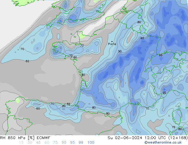 RH 850 hPa ECMWF Ne 02.06.2024 12 UTC