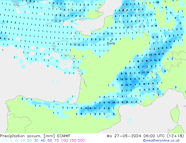 Precipitation accum. ECMWF Mo 27.05.2024 06 UTC