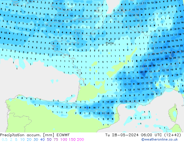 Precipitation accum. ECMWF Tu 28.05.2024 06 UTC