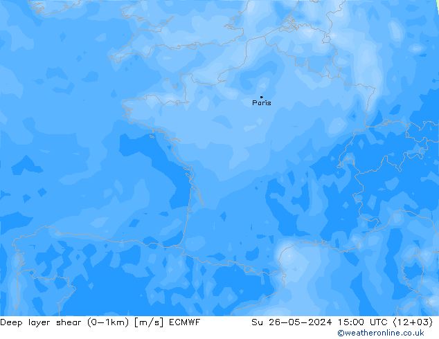 Deep layer shear (0-1km) ECMWF Su 26.05.2024 15 UTC