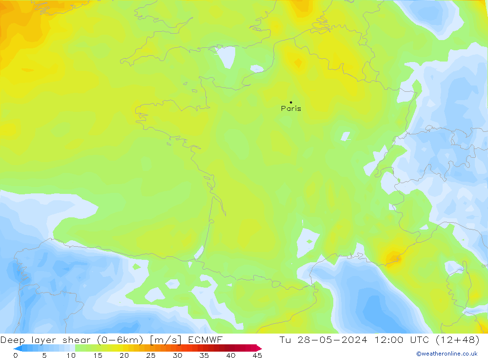 Deep layer shear (0-6km) ECMWF di 28.05.2024 12 UTC