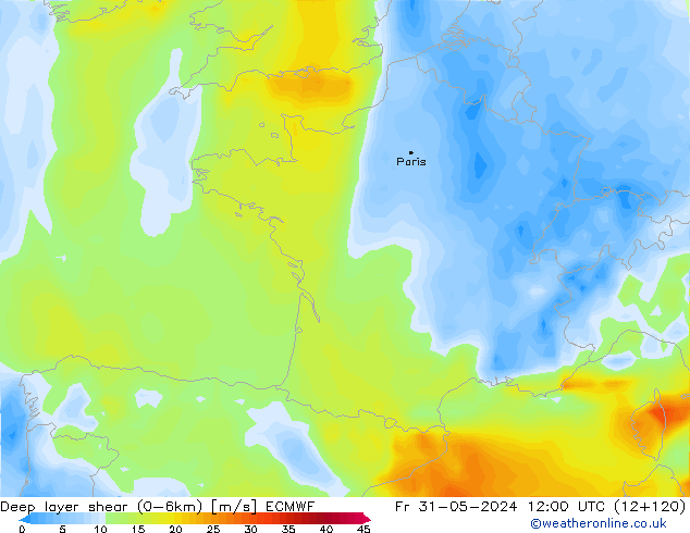 Deep layer shear (0-6km) ECMWF Fr 31.05.2024 12 UTC