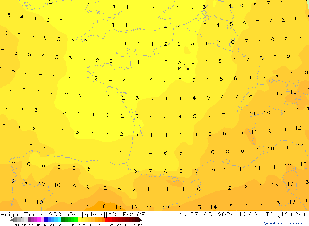 Z500/Rain (+SLP)/Z850 ECMWF pon. 27.05.2024 12 UTC