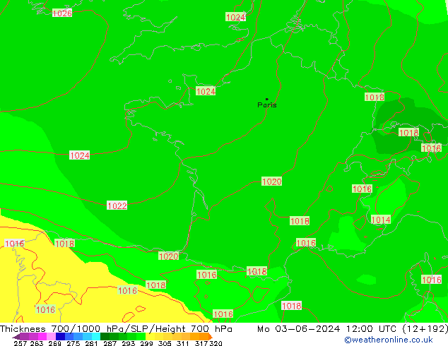 700-1000 hPa Kalınlığı ECMWF Pzt 03.06.2024 12 UTC