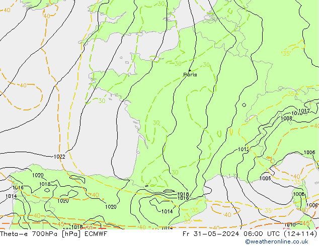 Theta-e 700hPa ECMWF Fr 31.05.2024 06 UTC