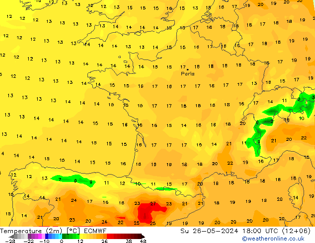 Temperatuurkaart (2m) ECMWF zo 26.05.2024 18 UTC