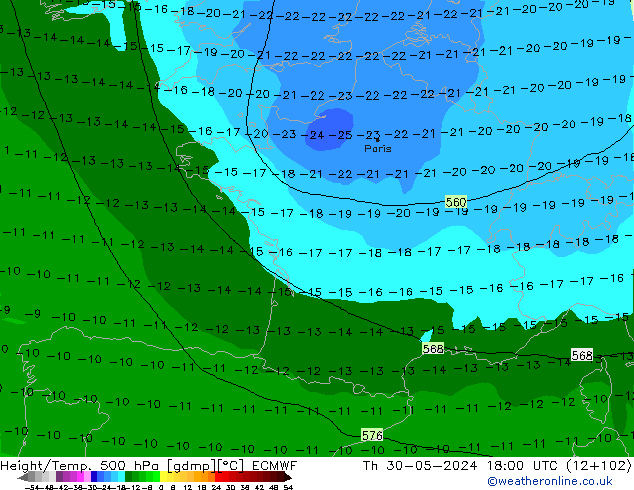 Z500/Rain (+SLP)/Z850 ECMWF Th 30.05.2024 18 UTC