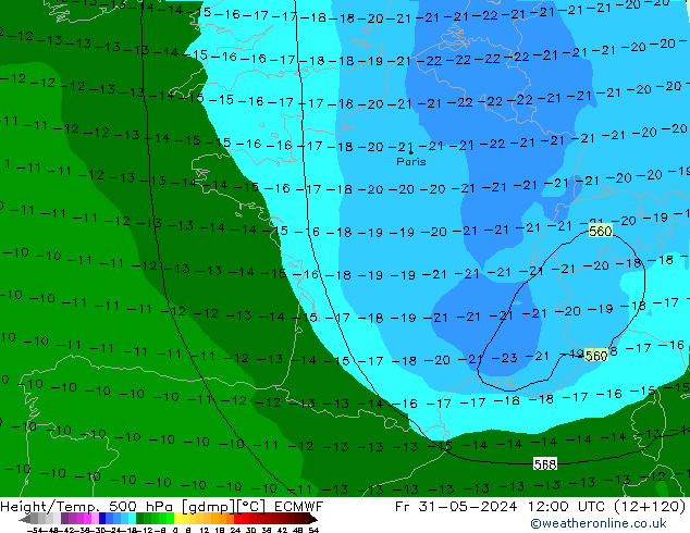 Z500/Yağmur (+YB)/Z850 ECMWF Cu 31.05.2024 12 UTC