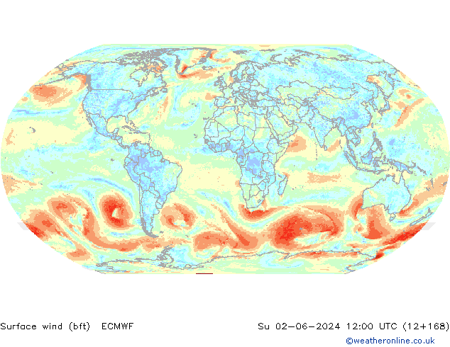Wind 10 m (bft) ECMWF zo 02.06.2024 12 UTC