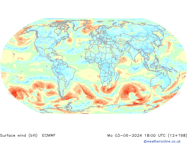 Vent 10 m (bft) ECMWF lun 03.06.2024 18 UTC