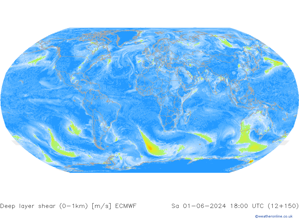 Deep layer shear (0-1km) ECMWF сб 01.06.2024 18 UTC