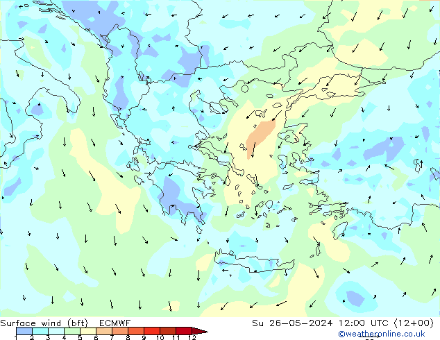 Vent 10 m (bft) ECMWF dim 26.05.2024 12 UTC