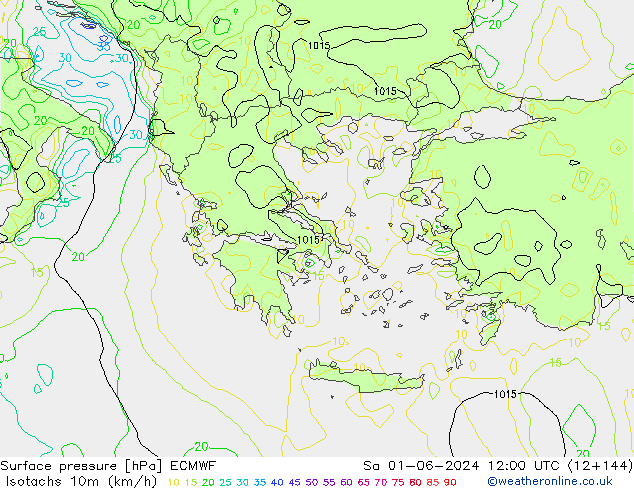 Isotachen (km/h) ECMWF Sa 01.06.2024 12 UTC