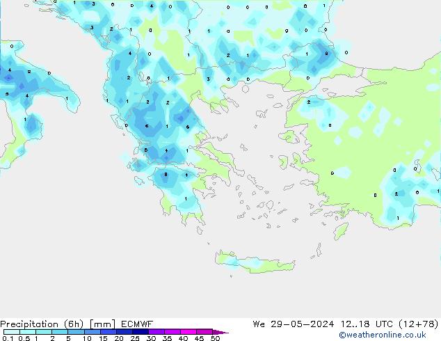 Totale neerslag (6h) ECMWF wo 29.05.2024 18 UTC