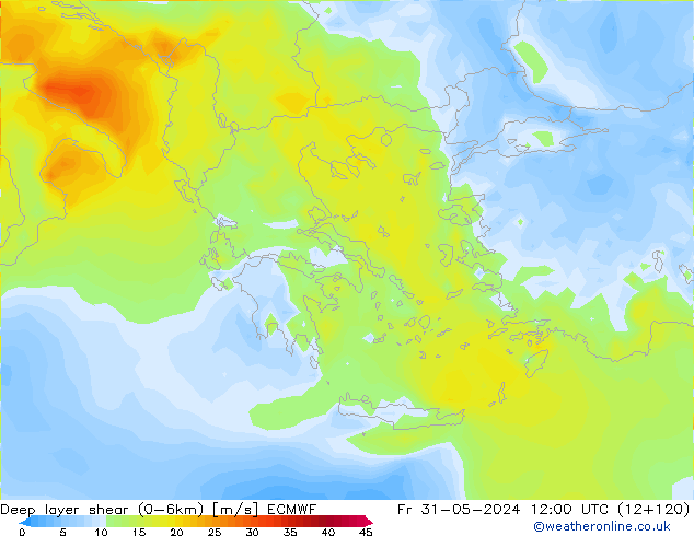 Deep layer shear (0-6km) ECMWF Fr 31.05.2024 12 UTC