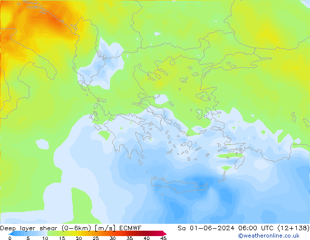 Deep layer shear (0-6km) ECMWF sab 01.06.2024 06 UTC