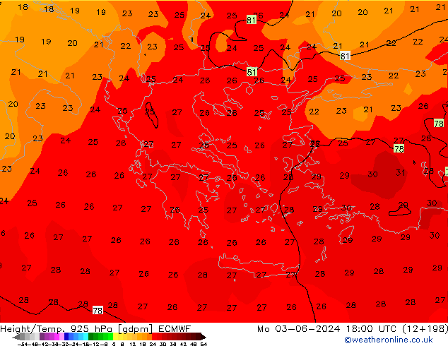 Height/Temp. 925 hPa ECMWF Mo 03.06.2024 18 UTC