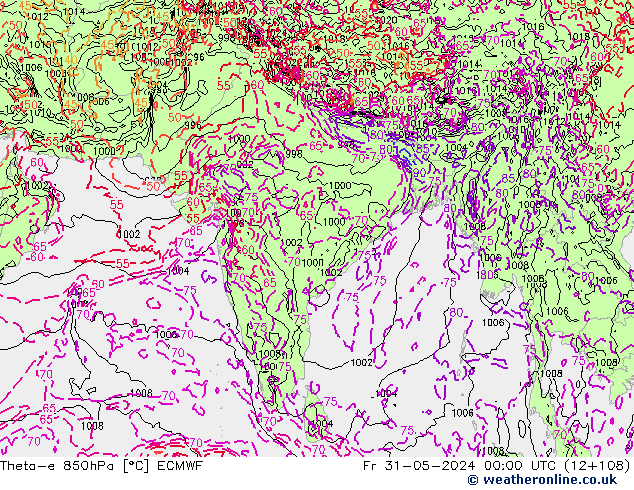 Theta-e 850hPa ECMWF Cu 31.05.2024 00 UTC