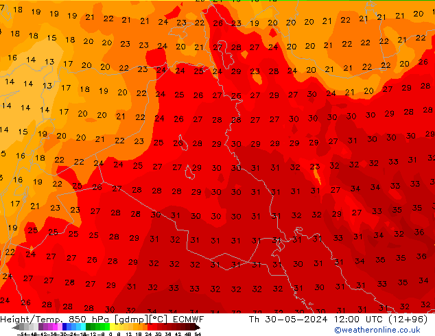 Z500/Rain (+SLP)/Z850 ECMWF Th 30.05.2024 12 UTC