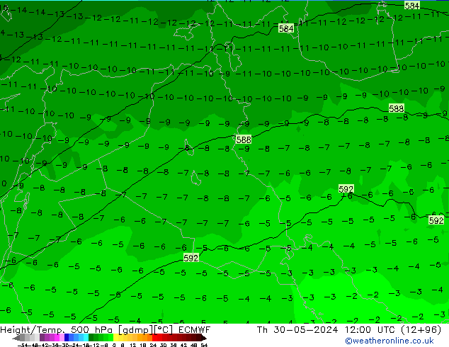 Z500/Rain (+SLP)/Z850 ECMWF Th 30.05.2024 12 UTC