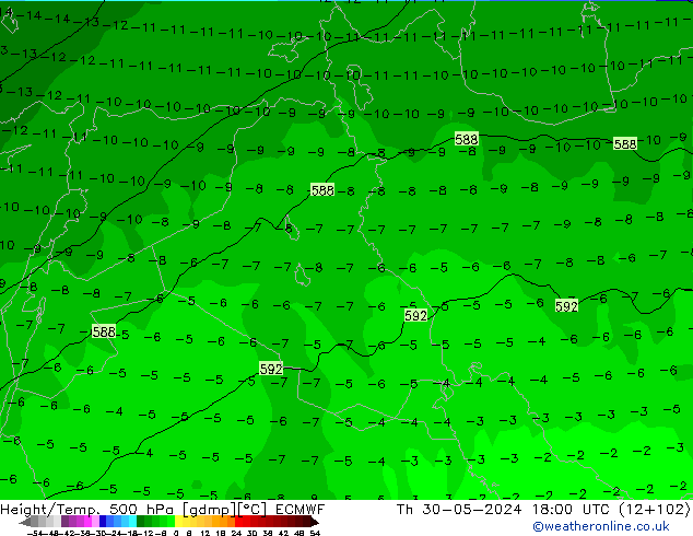 Hoogte/Temp. 500 hPa ECMWF do 30.05.2024 18 UTC