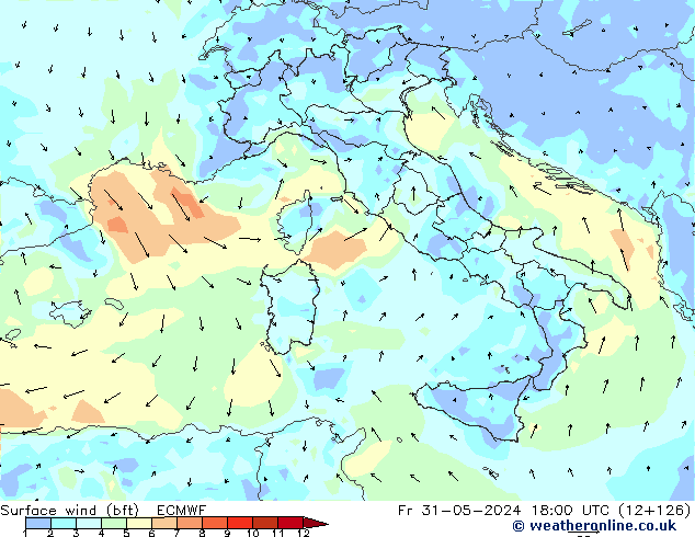 Wind 10 m (bft) ECMWF vr 31.05.2024 18 UTC