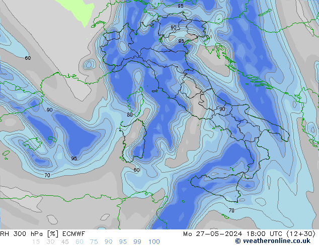 RH 300 гПа ECMWF пн 27.05.2024 18 UTC