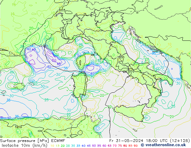 Isotachs (kph) ECMWF пт 31.05.2024 18 UTC