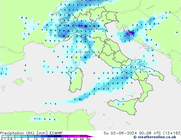 Totale neerslag (6h) ECMWF zo 02.06.2024 06 UTC