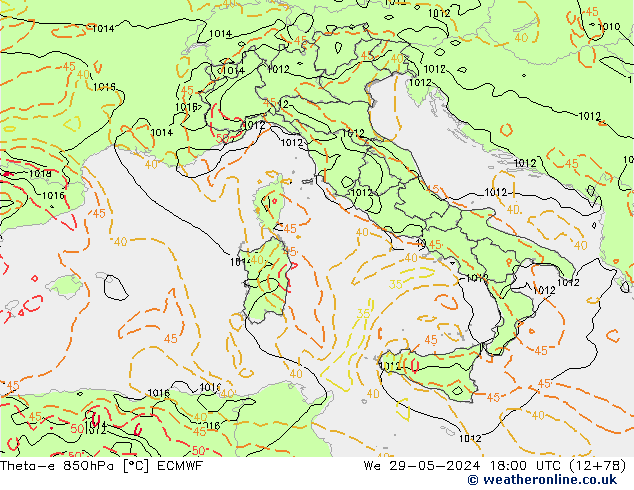 Theta-e 850hPa ECMWF We 29.05.2024 18 UTC