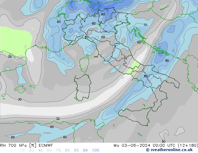 RH 700 hPa ECMWF Mo 03.06.2024 00 UTC