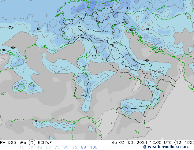 Humidité rel. 925 hPa ECMWF lun 03.06.2024 18 UTC