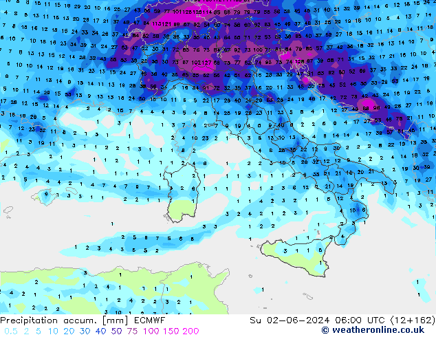 Totale neerslag ECMWF zo 02.06.2024 06 UTC