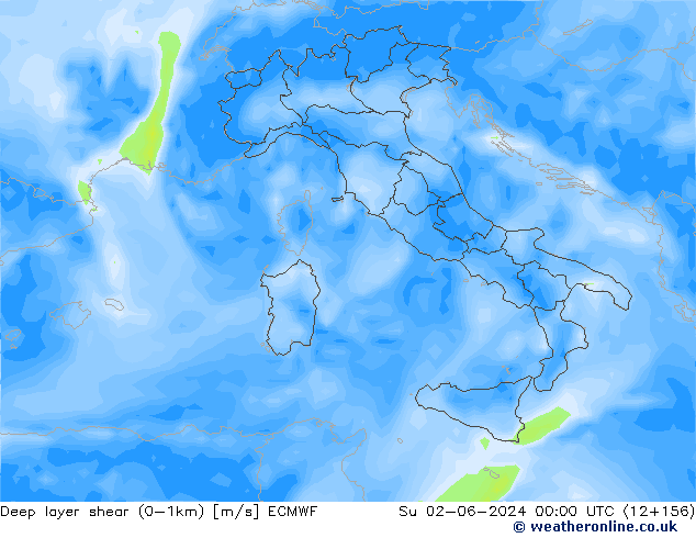 Deep layer shear (0-1km) ECMWF Su 02.06.2024 00 UTC