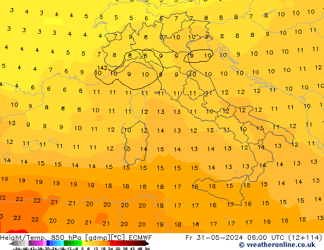 Hoogte/Temp. 850 hPa ECMWF vr 31.05.2024 06 UTC