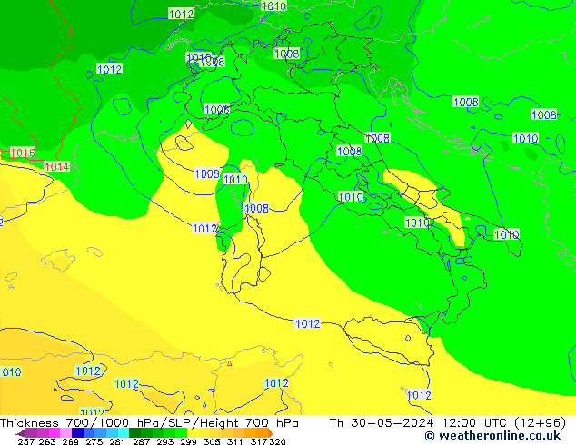 Espesor 700-1000 hPa ECMWF jue 30.05.2024 12 UTC