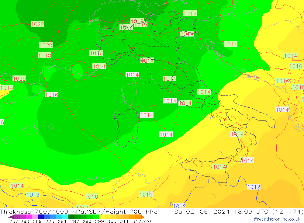 Thck 700-1000 гПа ECMWF Вс 02.06.2024 18 UTC