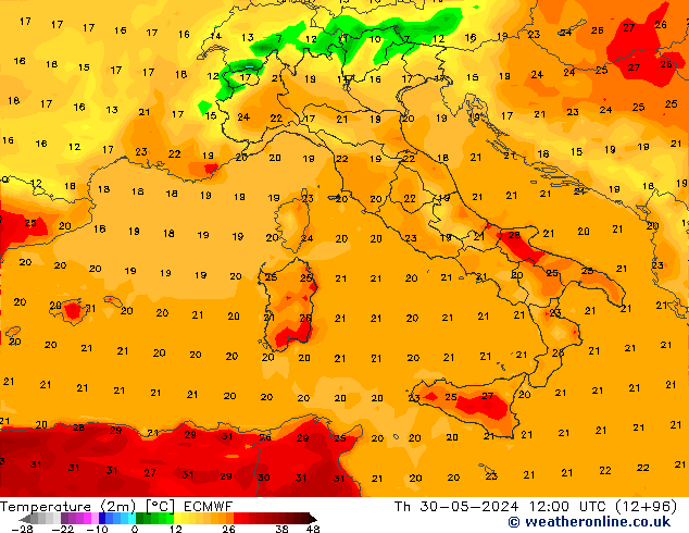 Temperatura (2m) ECMWF jue 30.05.2024 12 UTC