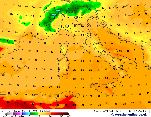 Temperature (2m) ECMWF Fr 31.05.2024 18 UTC