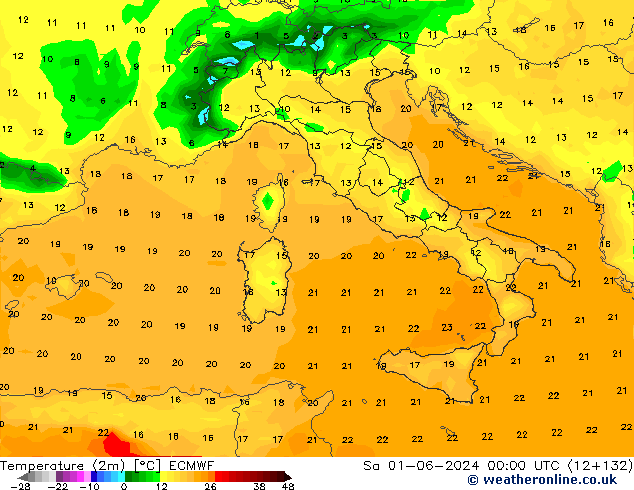 Temperature (2m) ECMWF So 01.06.2024 00 UTC