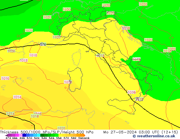 Espesor 500-1000 hPa ECMWF lun 27.05.2024 03 UTC