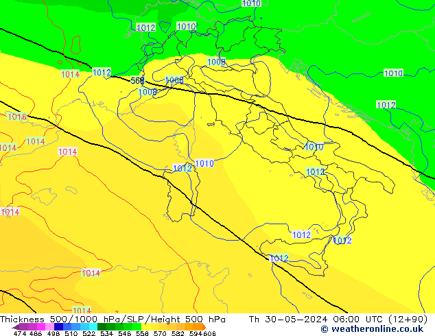 Thck 500-1000hPa ECMWF Qui 30.05.2024 06 UTC