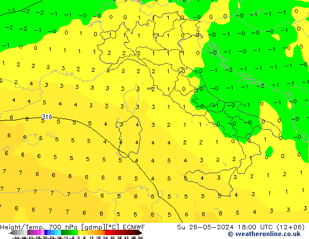 Height/Temp. 700 hPa ECMWF So 26.05.2024 18 UTC